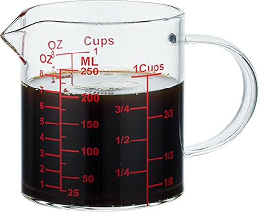 Ackers Mirror Graduated Glass Measuring Cup - [Insulated Handle | V-Shaped Spout] - High Borosilicate Glass Measuring Cup for Kitchen or Dining, Easy to Read, 250ml (8oz, 1 Cup)