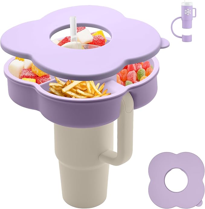 Snack Bowl with Lid for Stanley 30 oz Tumbler with Handle, Silicone Snack Tray Snack Ring for Stanley Cup Accessories, Suitable for Car Cup Holder or Outdoor, Orchid