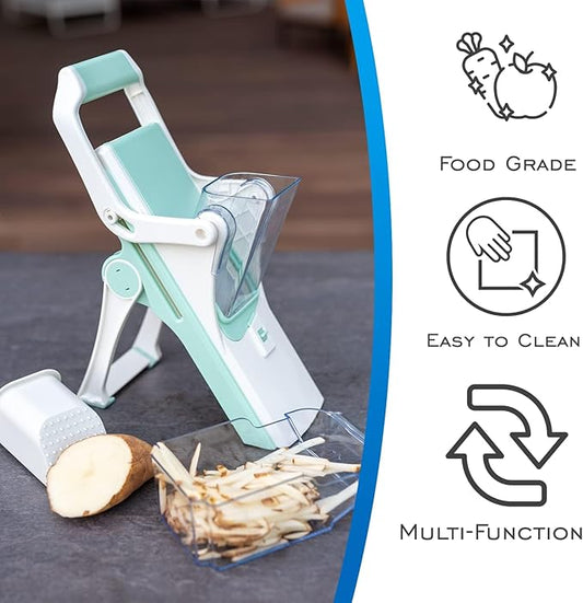 EDI Safe Mandoline Slicer - 5 Interchangeable Blades, Dishwasher Safe, Easy Set-Up - White & Mint Green