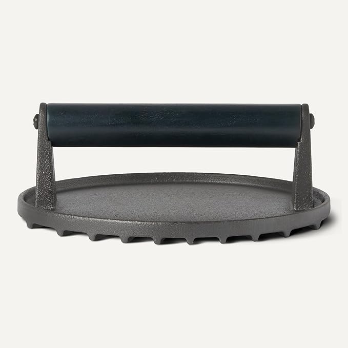 Amazon Basics Cast Iron Burger Press with Wooden Handle, Round, 6.8 x 2.7 inch, Black, 1-Pack