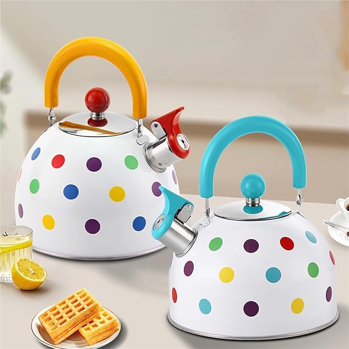 Whistling Polka Dot Tea Kettle, Food Grade Stainless Steel Teapot for Stove Top Loud Whistle Kettle for Tea, Coffee, Milk