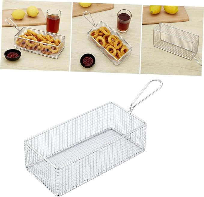 Chip Frying Basket French Fry Basket Metal Food Strainer Stainless Steel Rectangular Fry Basket Net Strainer Basket Spider Strainer Skimmer Ladle Mesh Frying Basket Blush With Ears