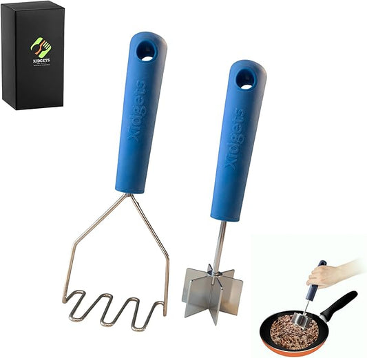 2pc Box Set - Stainless Steel Meat Masher & Large Potato Masher with Soft Grip Handle – Heavy Duty Handle & Mashing Head for Ground Beef, Meat, and More – Dishwasher Safe (Lagoon Blue/Lagoon Blue)