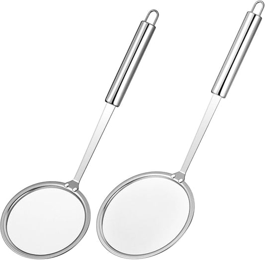 2 Pcs Fat Skimmer Spoon, Stainless Steel Fine Mesh Food Strainer Ladle with Long Handle, Hot Pot Skimmer for Kitchen Cooking Oil Filter Floating Grease Gravy and Foam