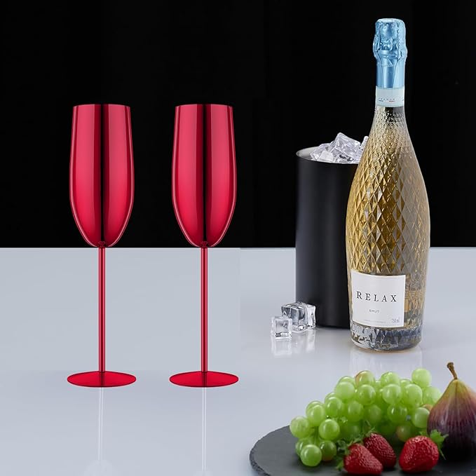 Stainless Steel Champagne Flutes Set of 4-Wedding &Birthday Gifts,8.5 Oz Unbreakable Champagne Glass with Long Stem,Reusable Indoor Outdoor Drinkware (Red)
