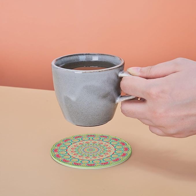 Colorful Mandala Leather Drink Coasters Set of 6 with Holder Round Cup Coaster for Table Decor