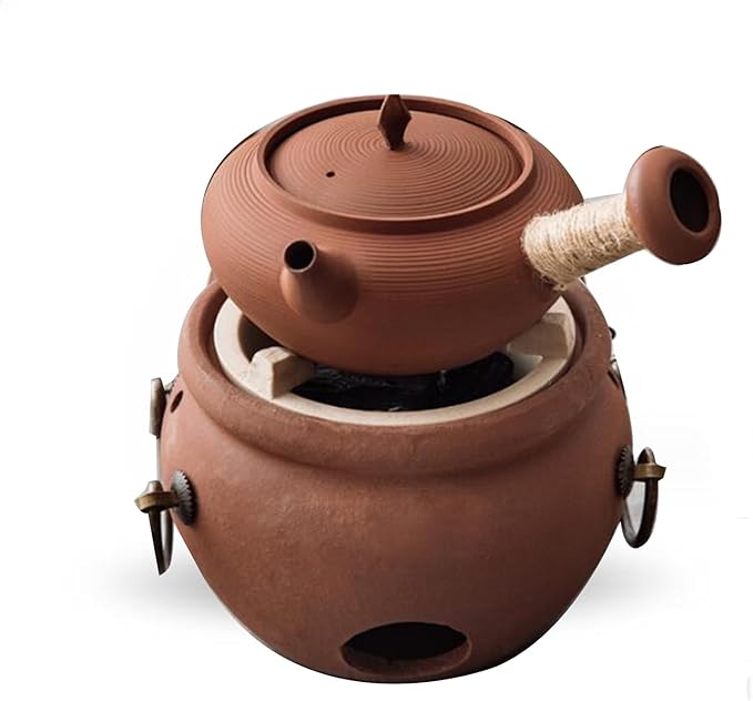 Charcoal Stove Tea Cooker with Warmer, Charcoal Stove Kettle Stovetop Chinesetea Pot Coated with Enameled Interior, 1000Ml