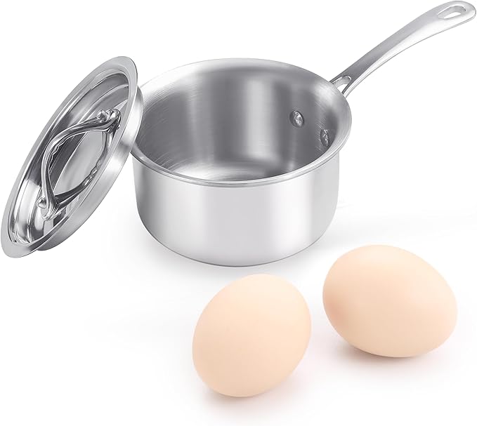 KC-Emier Mini Sauce Pan with Lid, Tri-Ply Stainless Steel Pot with Stay-Cool Handle & All Cooktop Compatibility (Gas, Ceramic, Electric) - Silver