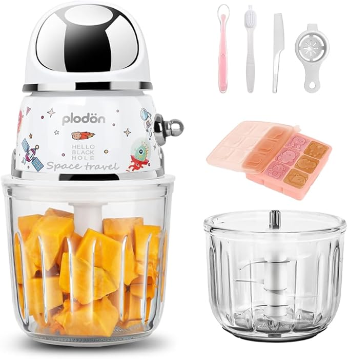 Plodon Baby Food Maker Mini Cute and Small Food Processor Puree Blender Grinder Chopper 1.2 Cup Glass Bowl with 6 Blade Electric (Spaceman-White)