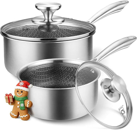 KOCH SYSTEME CS Hybrid Nonstick Stainless Steel Saucepan Set, 1QT & 2QT Triply Stainless Steel Saucepan Set with Hybrid Nonstick Honeycomb Interior, 4-Piece Sauce Pans, Induction Steel Pot Set