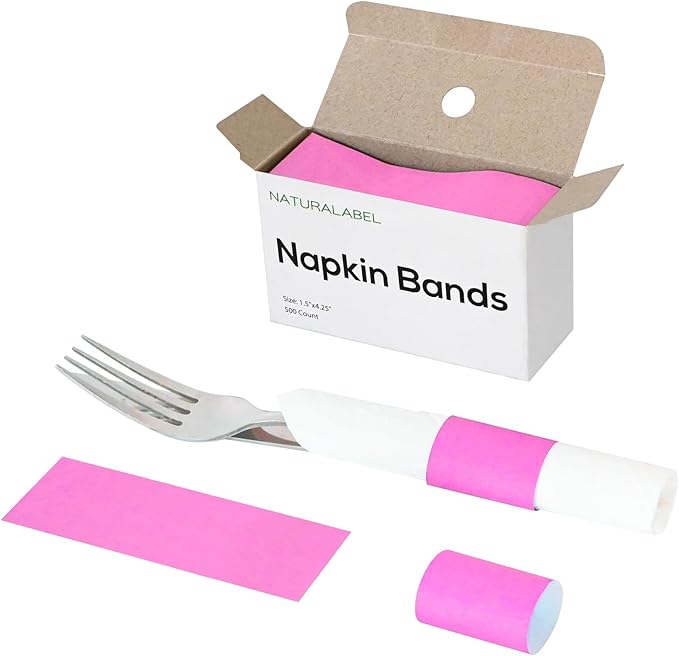 NATURALABEL 500 PCS Paper Napkin Rings with Box, Self-Adhesive Napkin Bands, for Family Meal, Birthday Party, Wedding, Celebration (Pink)