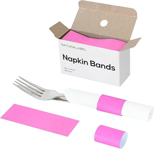 NATURALABEL 500 PCS Paper Napkin Rings with Box, Self-Adhesive Napkin Bands, for Family Meal, Birthday Party, Wedding, Celebration (Pink)