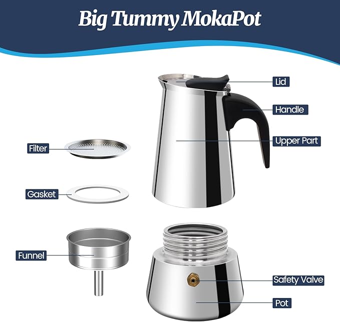 Supvision 4 Cup Moka Pot Stainless Steel 200ml Italian Espresso Coffee Maker Stovetop CoffeeMakers Mocha Pot Percolator for Induction Stove Classic Cafe Makers Portable for Easy Brewing Tummy