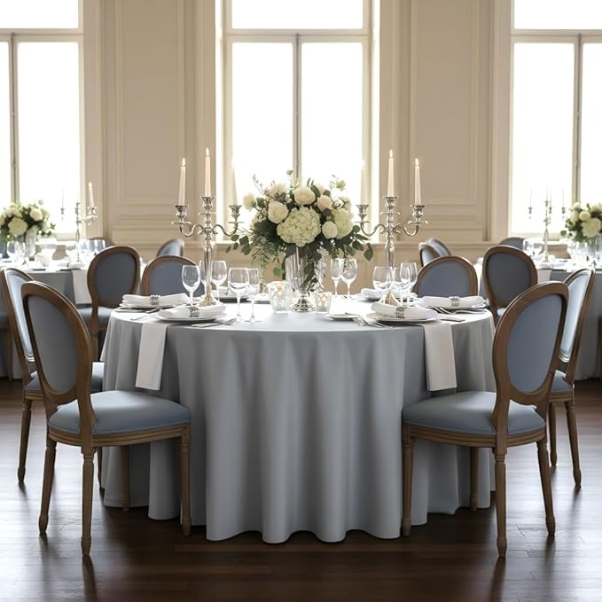 sancua Round Tablecloth - 108 Inch - Water Resistant Spill Proof Washable Polyester Table Cloth Decorative Fabric Table Cover for Dining Tables, Buffet Parties and Camping, Silver Grey