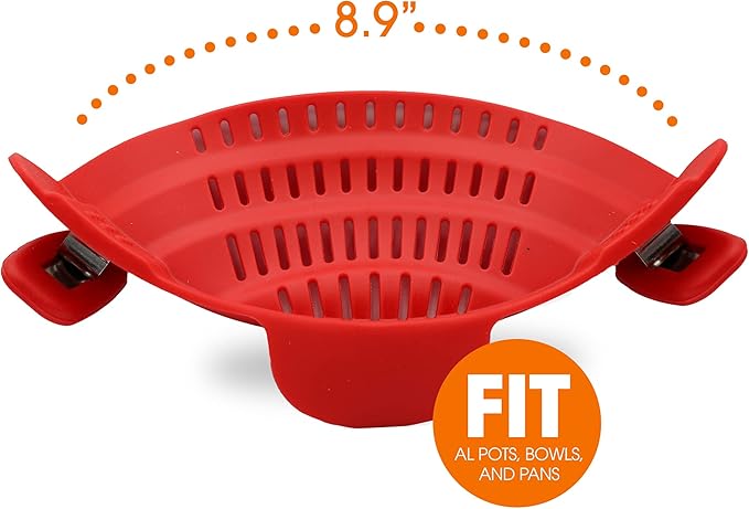 Cheer Collection Silicone Clip on Pot Strainer, Heat-resistant Snap-On Strainer for Pasta, Noodles, Rice, Meats and Vegetables, Red