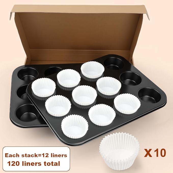 Smile Tree Muffin Pan & Cupcake Pan Set, 2 Pack 12-Cup Muffin Pans for Baking with 120 Cupcake Liners, Nonstick, Heavy-Duty Steel, Scratch-Resistant, Easy Release for Family & Party Baking (Black)