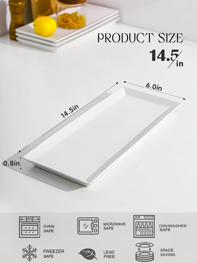 Kanwone White Serving Platters, Porcelain Serving Trays for Parties, Large Rectangular Plates - 14.5 Inch, Set of 4