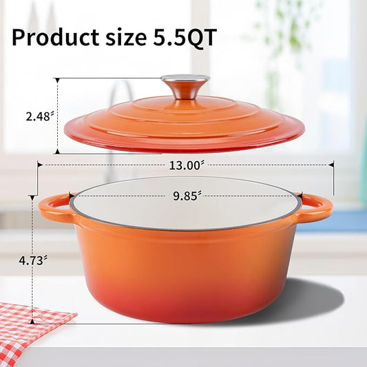 WOKINS Enameled Cast Iron Dutch Oven Pot with Lid Heavy-Duty Cookware for Bread Baking,Braising,Stews,Roasting,Oven Safe up to 500°F,5.5QT,orange