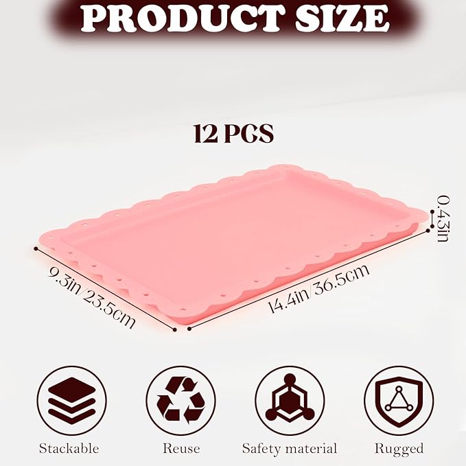 Food Tray, 12 Pack Serving Tray Serving Platter Fruit Dessert Plates, Plastic Serving Trays Rectangle Dessert Trays for Party, Wedding, Restaurant, 14.4" X 9.3" (Pink)