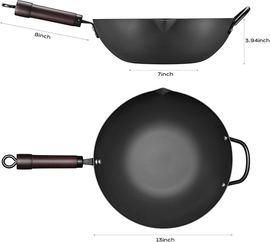 FGJ 13 Inch Wok and 12 Inch Sikllet, Cookware Set, Carbon Steel Woks &Stir-fry Pans Nonstick and Frying Pan, Pre-Seasoned 5.8QT Flat Bottom Chinese Paella Pan, Compatible with All Cooktops