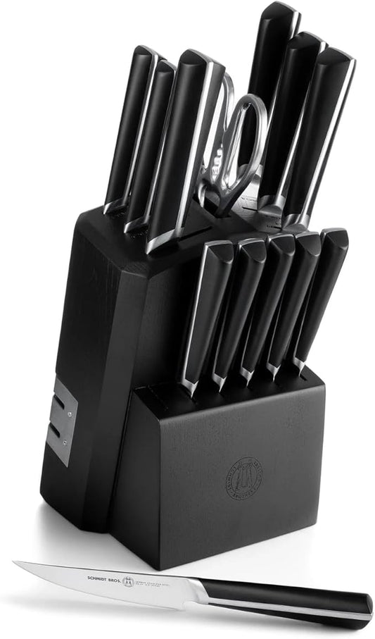 Schmidt Brothers -Highline- 14-Piece Knife Set, High-Carbon Stainless Steel Cutlery With Ebony-Stained Wood And Built-In Two Stage Sharpener Knife Block