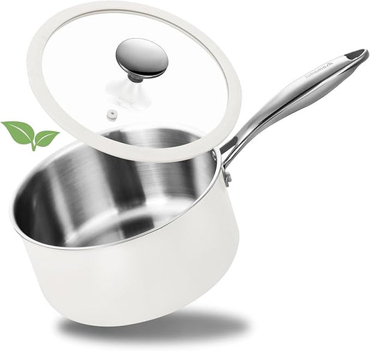 SAKAMOSH 2.5 Quart Tri-ply Stainless Steel Saucepan with Glass Lid, Induction Sauce Pan Compatible with All Cooktops, Non-Toxic Sauce Pot with Stay Cool Handle, Oven & Dishwasher Safe