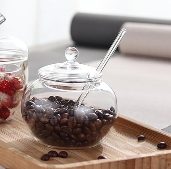 123Arts Clear Glass Sugar Bowls Storage Jars with Lid and Sugar Serving Spoons, Set of 2