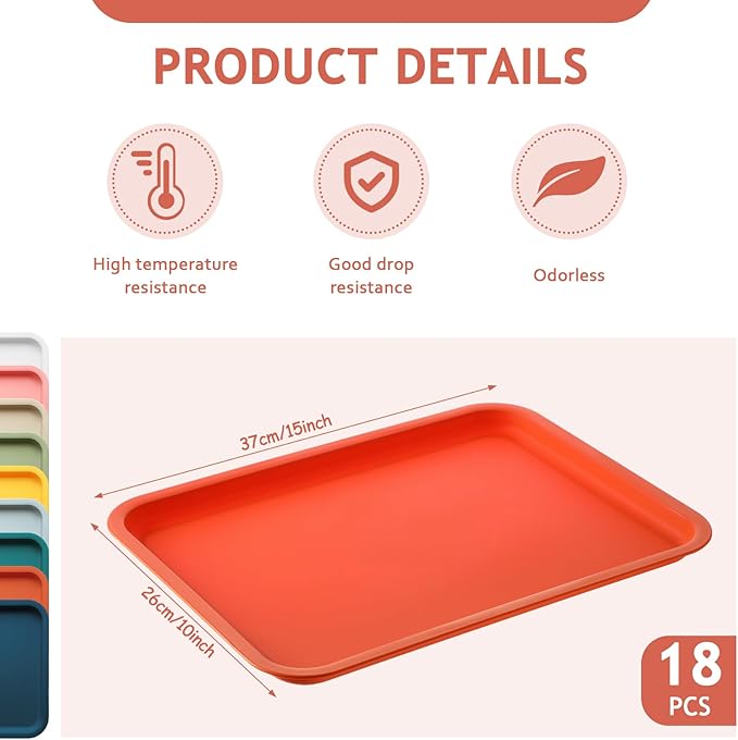 Gerrii 18 Pcs Plastic Fast Food Trays Bulk Restaurant Serving Cafeteria Tray Grill School Lunch Tray Rectangular Serving Platter for Kitchen Hotel Restaurant (9 Colors,15 x 10 Inch)