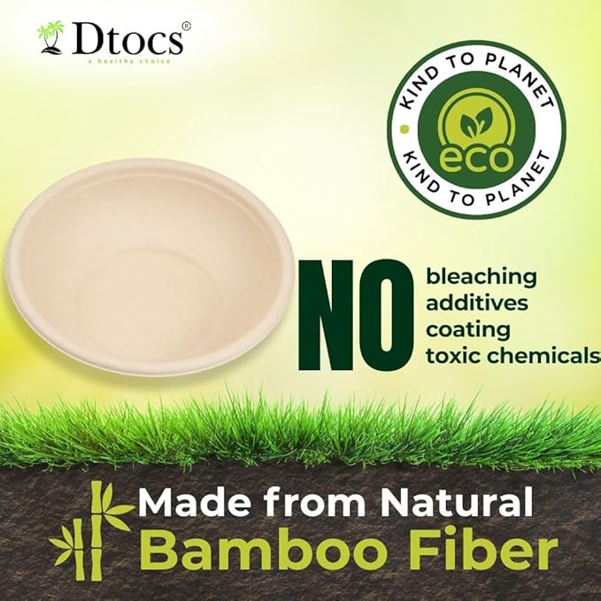 Dtocs Bamboo Fiber Disposable Bowls – 20 Oz, 50 Pk | Bamboo Round Bowl | Microwavable Bagasse Bowl like Soup, Cake, Salsa, Salad bowls | Disposable Dinnerware Sub Paper, Plastic, Styrofoam, Leaf