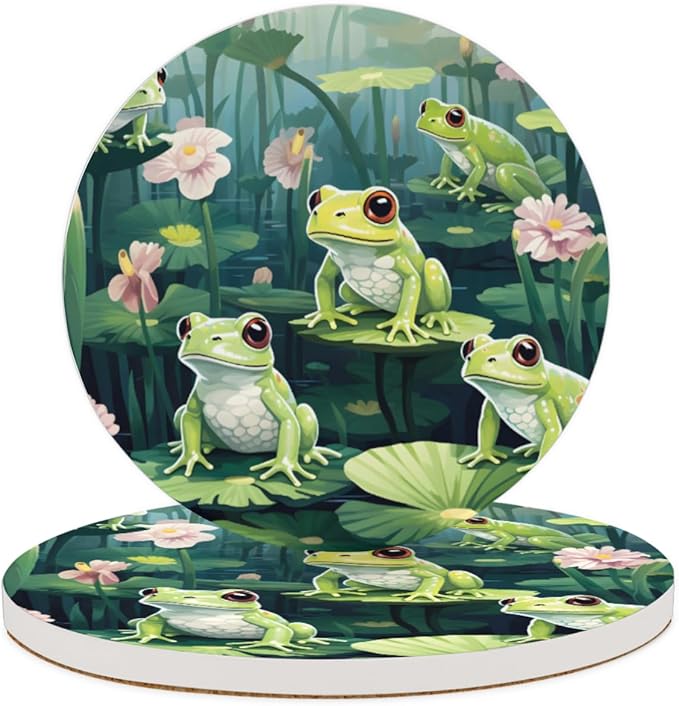 Lotus Leaves Frogs Round Coasters Set of 2, Absorbent Ceramic Coaster with Cork Base, Bar Coasters for Drinks Coffee Mugs Tea Cups Wine Glasses Home Decor Gifts (4 inches Diameter)
