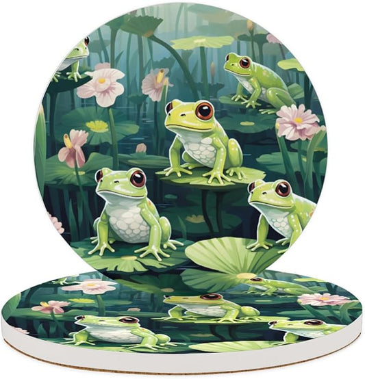 Lotus Leaves Frogs Round Coasters Set of 2, Absorbent Ceramic Coaster with Cork Base, Bar Coasters for Drinks Coffee Mugs Tea Cups Wine Glasses Home Decor Gifts (4 inches Diameter)