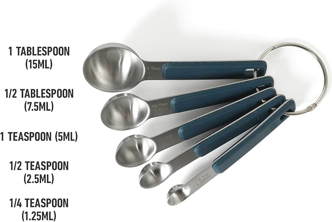 Calphalon Prime 5 Piece Stainless Steel Measuring Spoons W/Navy Blue Silicone Handles