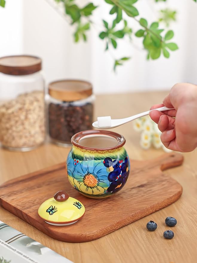 silesia Handmade Sugar Bowl with Lid and Spoon, 8 oz Hand-Painted Ceramic Sugar Jar, Floral Design Seasoning Container for sugar, honey, or spices, Dishwasher Safe (Glazed Yellow)