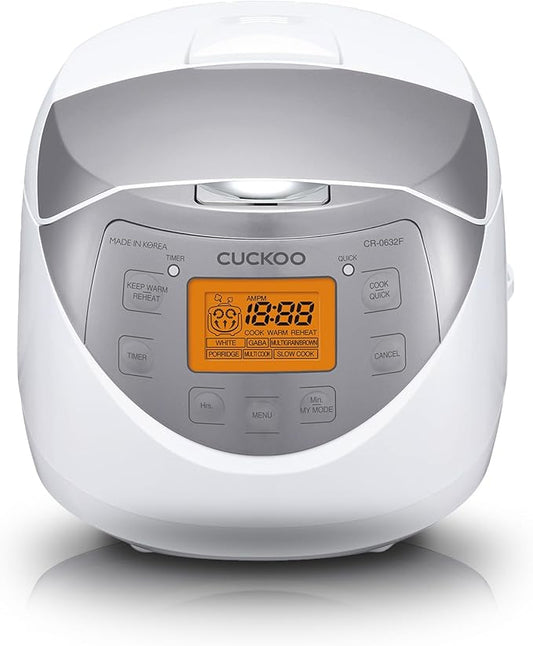 CUCKOO Micom Rice Cooker 6 Cup Uncooked / 12 Cup Cooked, Korean Fuzzy Logic Rice Cooker with Delay Timer & Keep Warm Setting, Versatile Food Steamer with Non-Stick Inner Pot, Silver (CR-0632F)