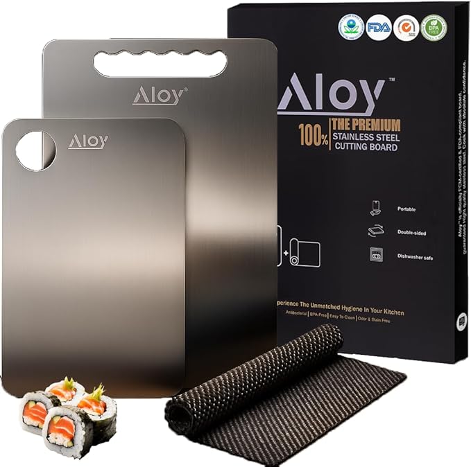 100% The Premium SUS 316 L Stainless Steel Cutting Board Set, 2 PCS + Non-Slip Mat, Double Sided Food Grade SUS 316L Cutting Boards for chopping Meat.., Hygiene Durable Dishwasher Safe Chopping Board
