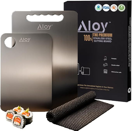 100% The Premium SUS 316 L Stainless Steel Cutting Board Set, 2 PCS + Non-Slip Mat, Double Sided Food Grade SUS 316L Cutting Boards for chopping Meat.., Hygiene Durable Dishwasher Safe Chopping Board
