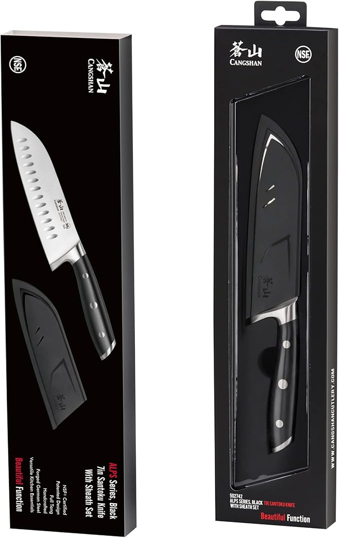 Cangshan ALPS Series 502742 German Steel Forged 7-inch Santoku Knife with Sheath, Black