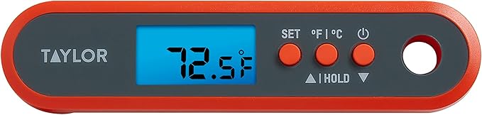 Taylor Digital Waterproof Kitchen Food and Meat Thermometer, with a Folding Probe, Programmable Presets, Backlit Display for Oven, Grilling, Smoker & BBQ - Includes 2 AAA Batteries