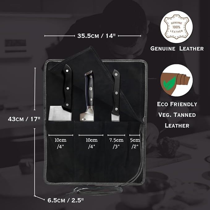 Autentico Genuine Buffalo Leather Small Knife Case Holder Chef's Knife Roll Holder Cutlery Sheath Carrying Case Organizer Storage Bag Travel Friendly Artist Gift for Men & Women Teak