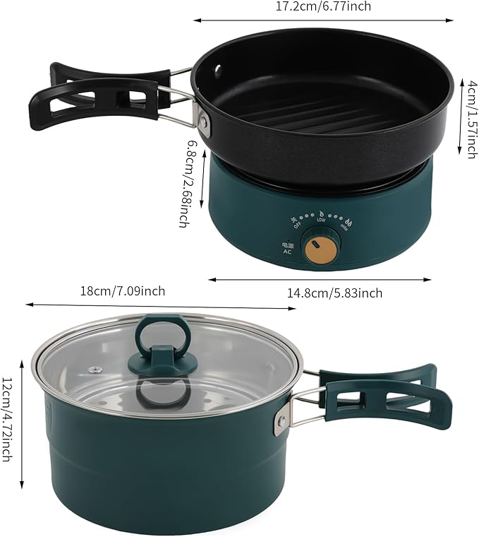500W 1.6L Portable Electric Hot Pot with Foldable Handles, Power Adjustment Non-stick Frying Pan Mini Hot Pot Multi-Functional Ramen Noodle Cooker for Pasta, Steak (Green)