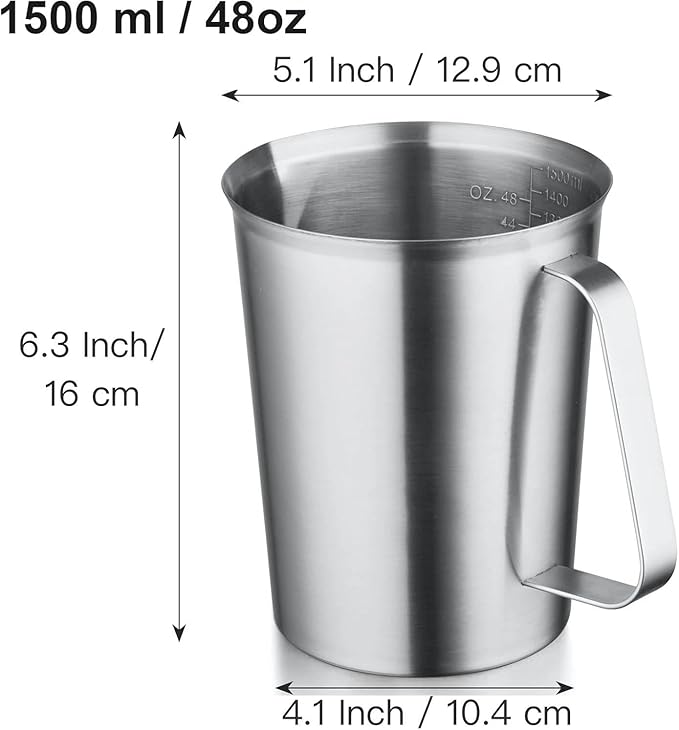 CURTA 18/8 Stainless Steel Measuring Cup with Handle and Pour Lip, Metal Pitcher with Oz and ML marking, 48OZ/1500 ML- 6 Cup), Heavy-Duty Pitcher