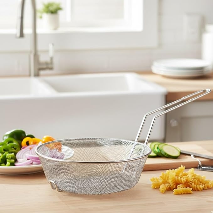 TrueCraftware- 12" Round Fine Mesh Culinary Basket Nickel Plated with 9-1/8" Handle Length- Kitchen Frying Basket Food Strainer Skimmer Strainer for Cooking Home Kitchen Restaurants
