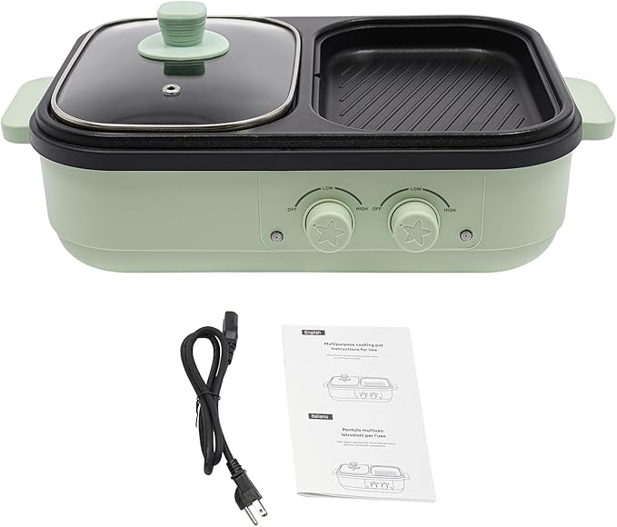 2-in-1 Electric Hot Pot Electric Hot Pot with Grill Area Multi-purpose Hot Pot Korean BBQ Grill 1300W Double U-Shaped Heating Tubes Dual Temperature Control (Green)