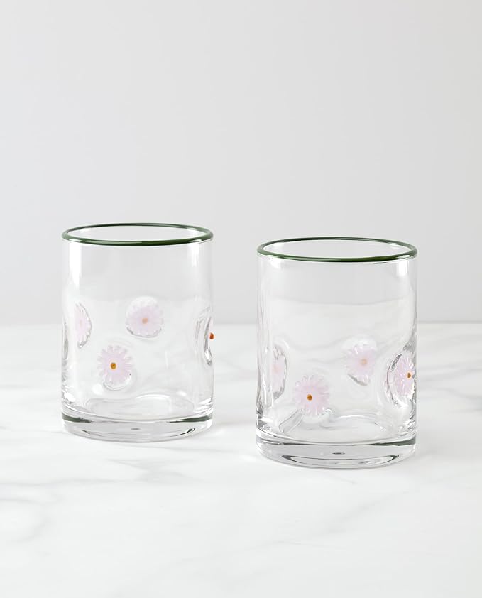 Oneida Glassware, 24 Seven First Bloom Flower, Set of 2, 12-Ounce Capacity, Made of Glass, Dishwasher Safe Tumbler, Drinking Glasses Set, Home and Kitchen, Clear Glasses, Glass Cups (Clear, 2 Pieces)