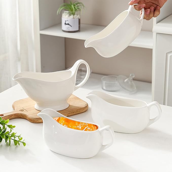 14 oz Gravy Boat with Tray, Ceramic Sauce Boat with Ergonomic Handle and Dripless Lip Spout for Salad Dressings, Creamer, Broth, Black Pepper, White