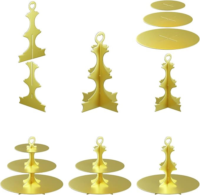 Cupcake Stand Tower 2 Pack, BLISSUR Gold Cupcake Stand, 3 Tier Cup Cake Stand Cardboard Matte Golden (Cardboard Gold, 2 Pack)