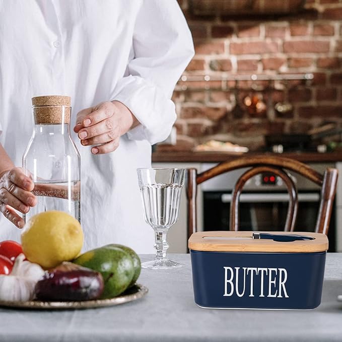Ceramic Butter Dish with Wooden Lid, Large Butters Container Keeper Storage with Stainless Steel Knife Spreader, Bamboo Cover and Silicone Sealing Ring for West East Coast, Blue