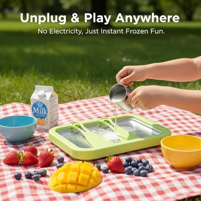 Rolled Ice Cream Maker Kit, Instant Freezy Ice Cream Roller Tray with 2 Scrapers and a Cute Bowl, DIY at Home Suitable For Families and Parties (green)