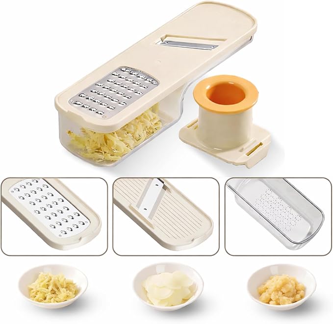 3 in 1 mini Ginger Garlic Grinder Super Thin, Multifunctional Mandoline slicer Grater with Hand Guard, Easy Grip Handheld Kitchen Tool, for Camping Cooking and Picnic (White)