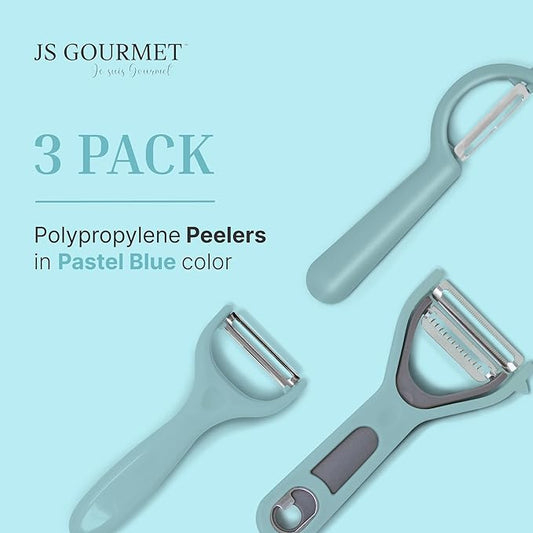 Vegetable Peeler 3-Piece Set – Swivel Cutter, Y-Shaped Slicer, and Julienne Peeler with Bottle Opener and Built-in Eye Remover – Stainless Steel Blade with Comfortable Handle for Kitchen – Pastel Blue